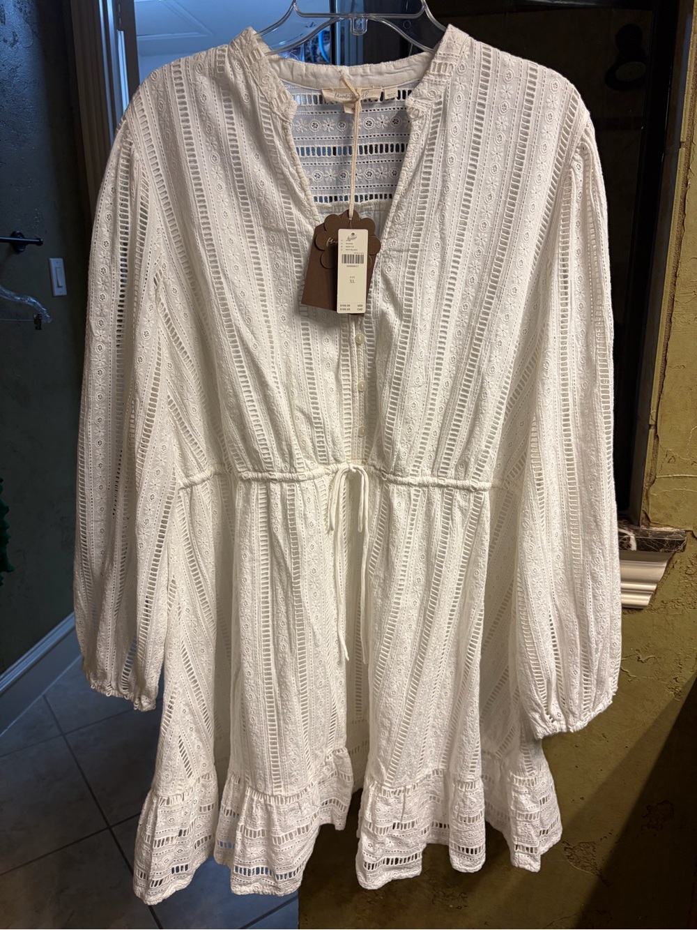 Women’s White Long-Sleeve Eyelet Drawstring Tunic Dress by Forever That Girl
